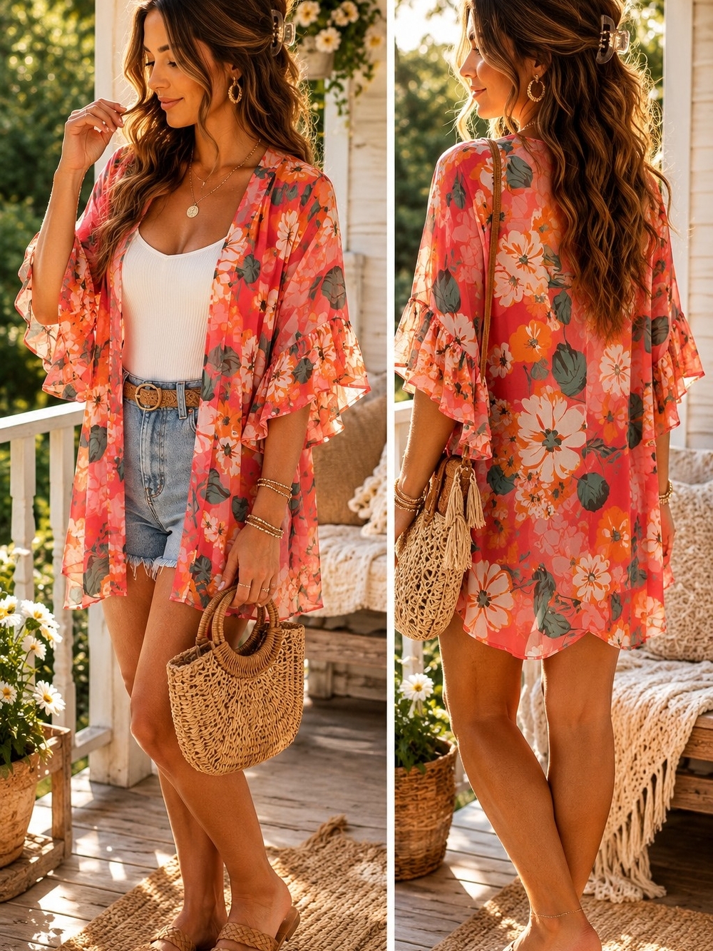 Umgee Coral Pink Orange Floral Boho Sheer Kimono SZ‎ L Oversized Fits Up To 2X